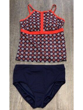 Lands End Navy Blue Print Tankini 2 Piece Set Women’s Size 14 Swimsuit NEW